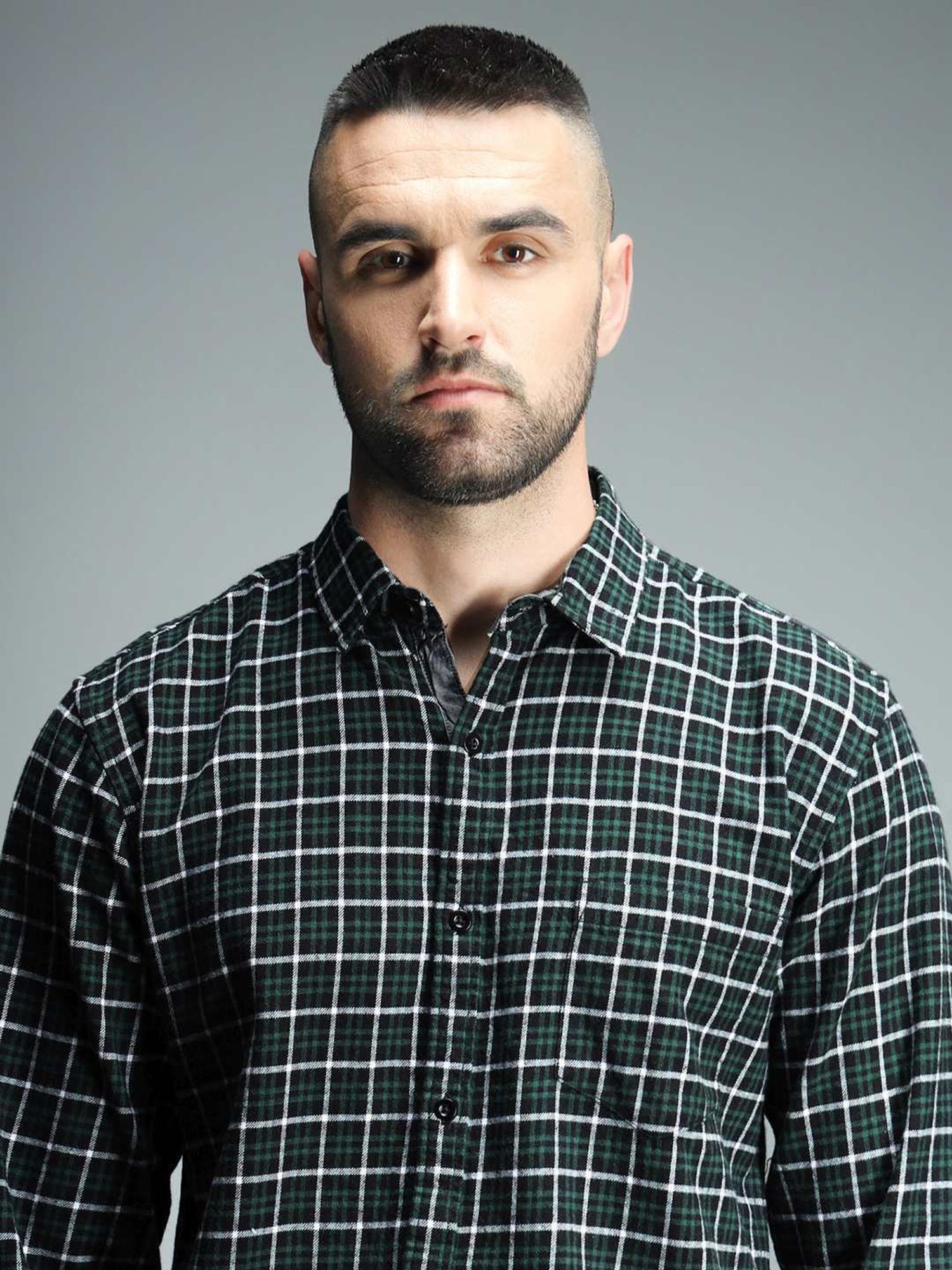 High Star Green Cotton Regular Fit Checks Shirt