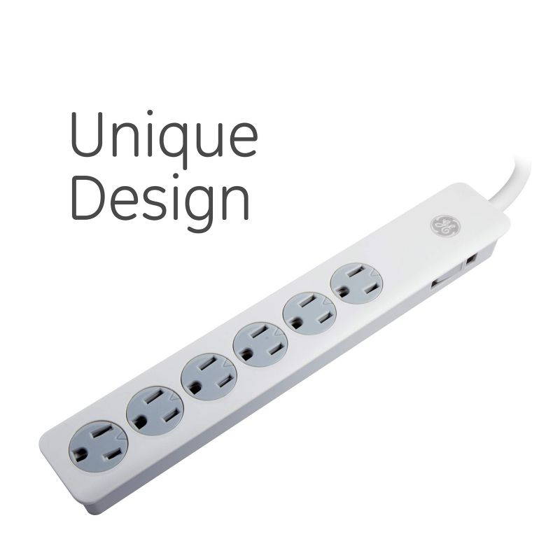 GE 6 Outlet Surge Protector, 10 Ft Extension Cord, Power Strip, 800 Joules, Flat Plug, Twist-to-Close Safety Covers, White, 14092