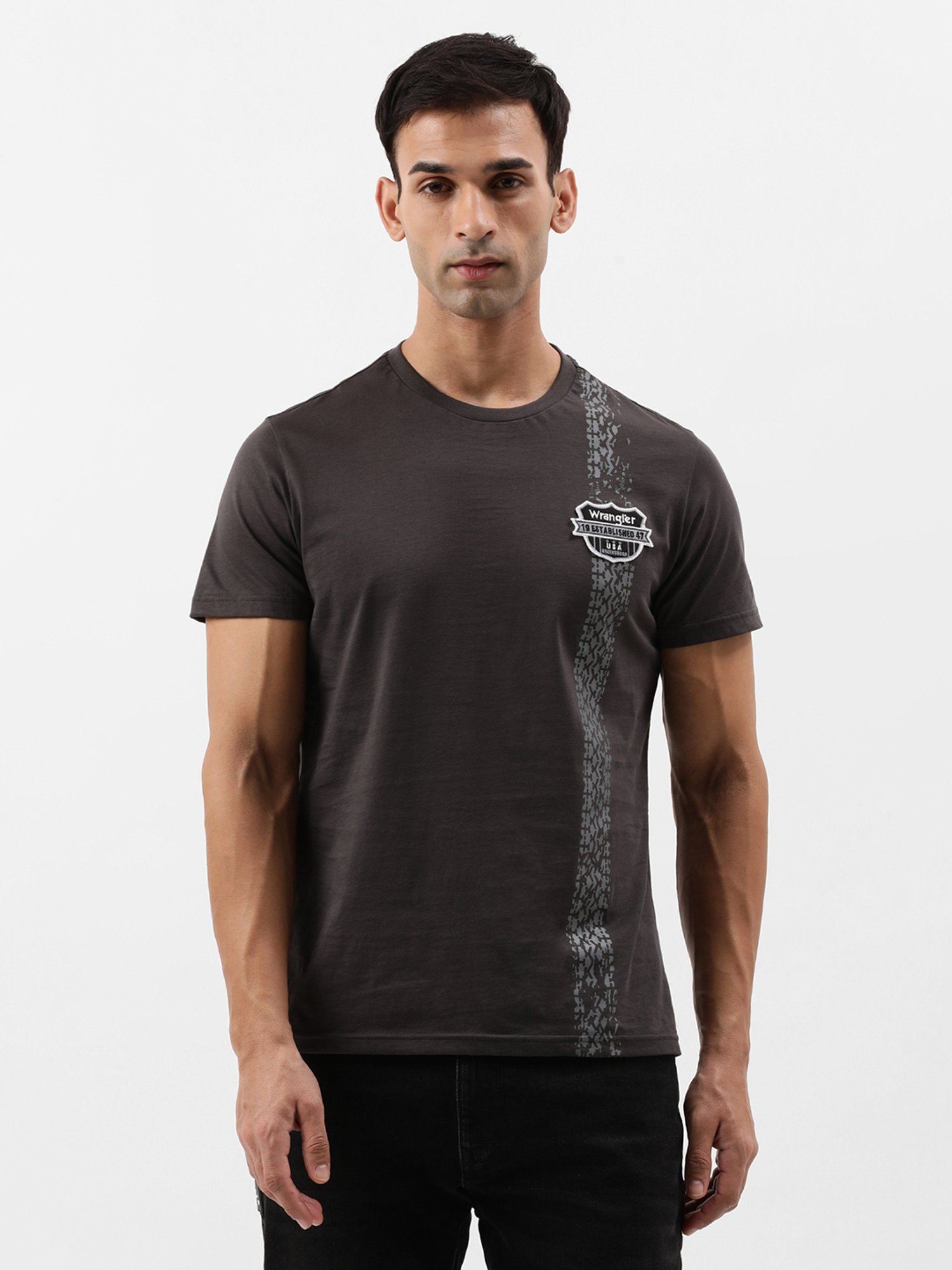 Wrangler Dark Grey Regular Fit Printed Crew T-Shirt