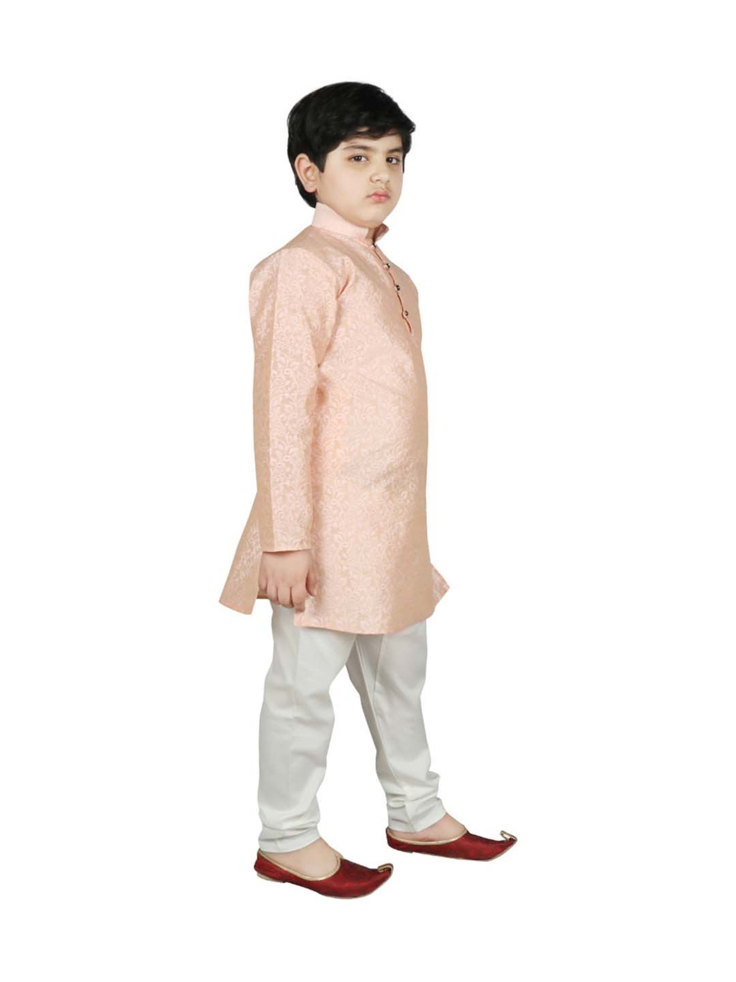 SG Yuvraj Kids Peach & White Self Full Sleeves Kurta Set