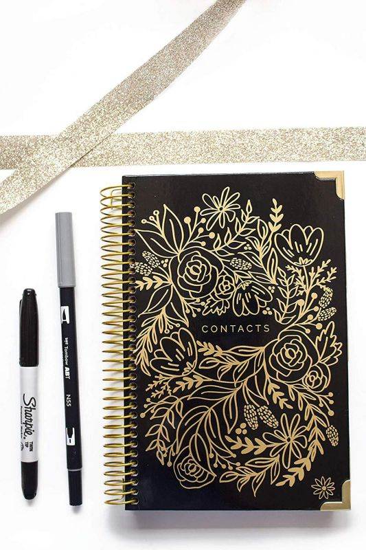 bloom daily planners New Hardcover Contacts/Address Book - 6" x 8.25" - Black & Gold Embroidery