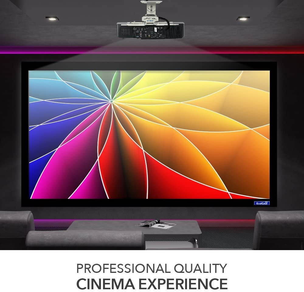 QualGear Projector Ceiling Mount Bundle with 110" Ultra White Fixed Frame Projector Screen & 25' HDMI Cable Hardware Mount (PRB-717&ndash;Wht-110W-25ft)