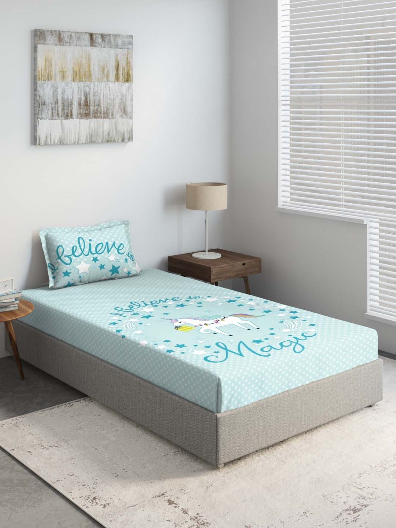 DDECOR - Unicorn 100% Cotton Single Bedsheet with 1 Pillow Covers, Turquoise