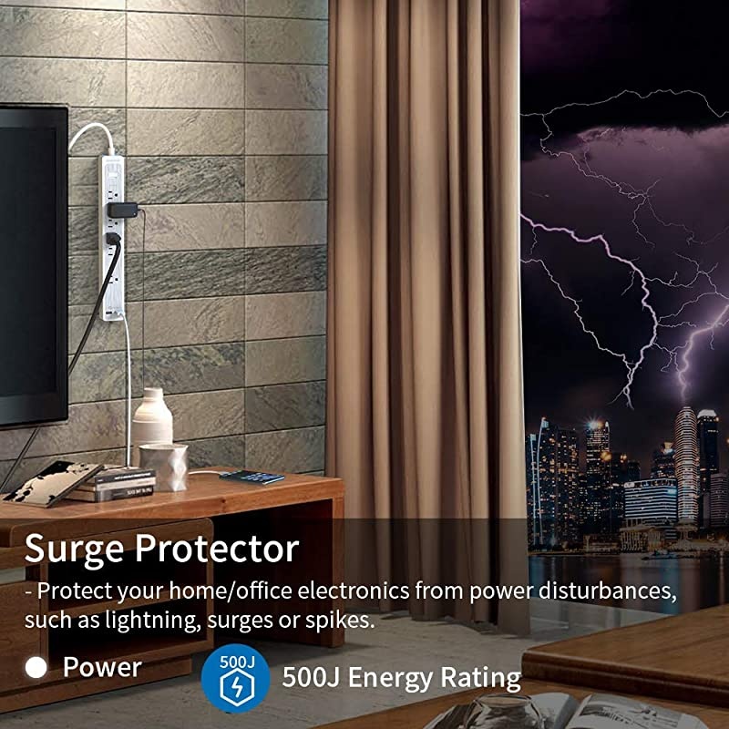 Outlets Surge Protector Power Strip with 2 USB Ports, 5ft Long Extension Cord, 1875W Flat Plug Power Strip Heavy Duty, Widely Spaced Outlet, Wall Mount for for Office Home Theater, White, 500 J