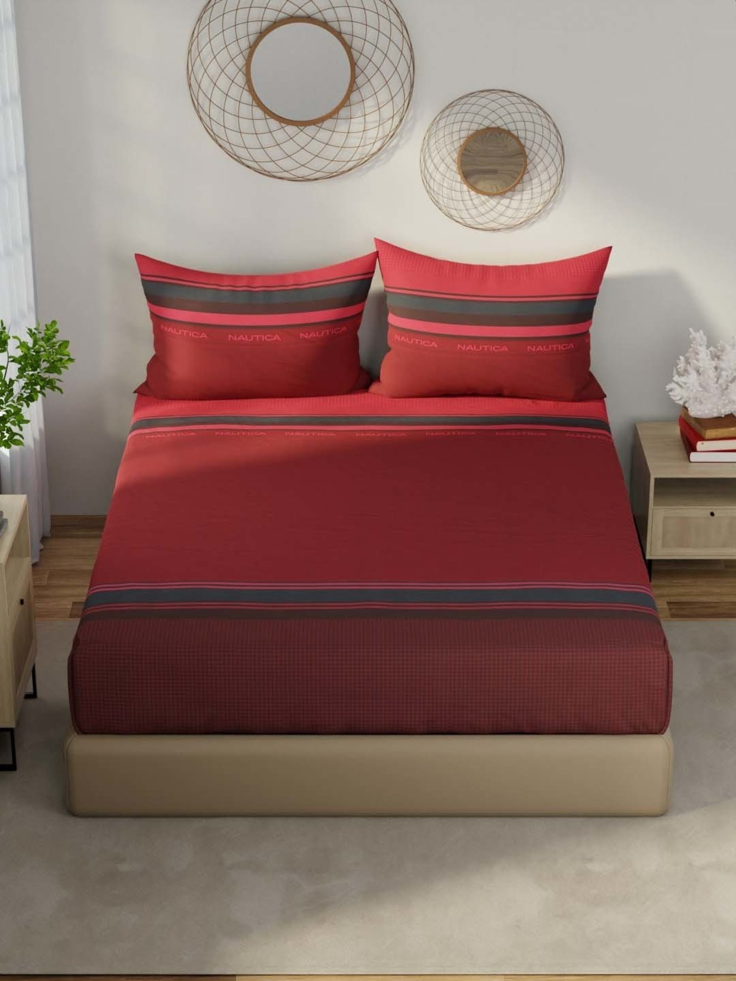 NAUTICA Hampton Red & Black Satin Cotton 210 TC Super King Bedsheet with 2 Pillow Cover