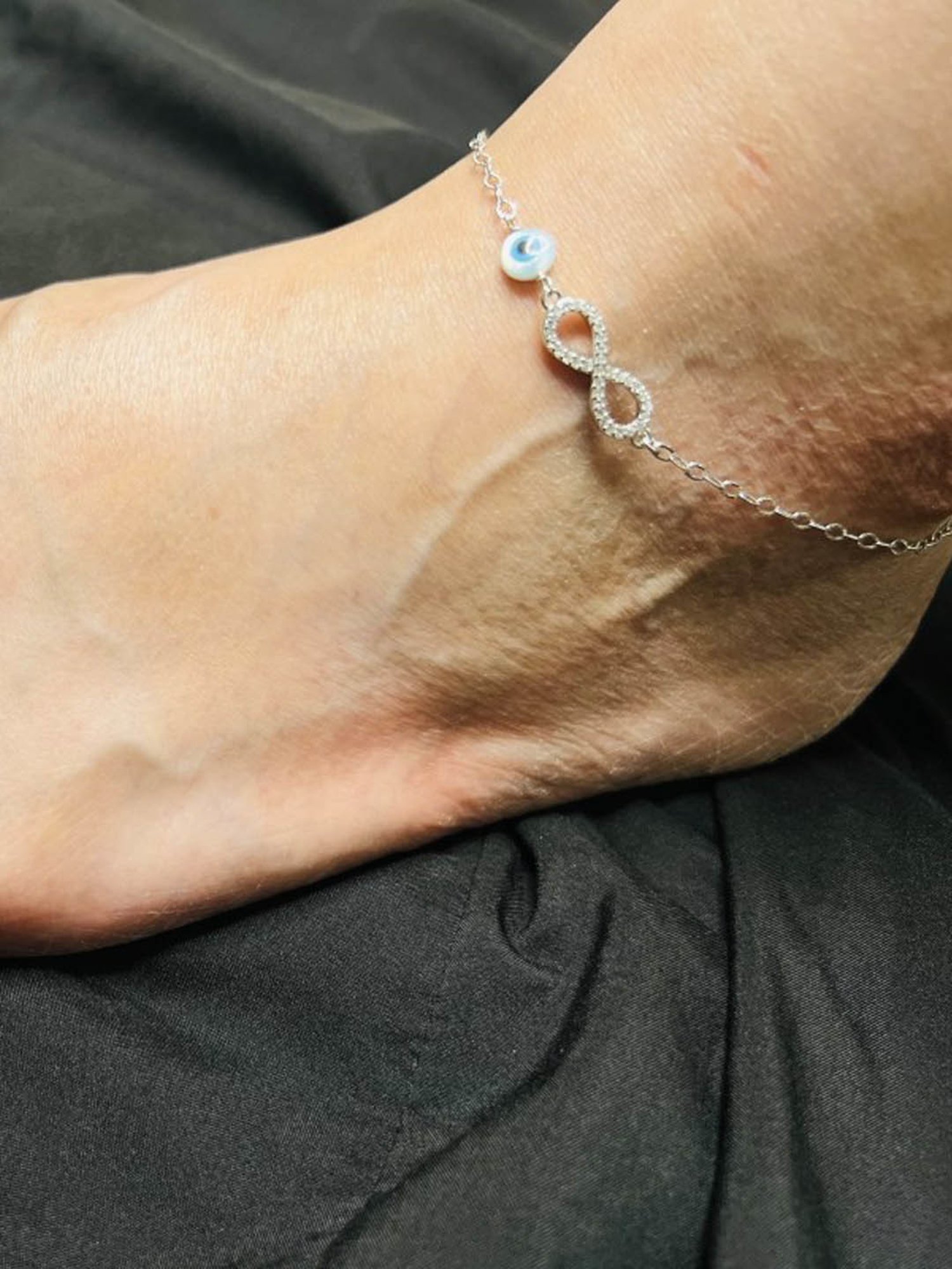 Arte Jewels 925 Sterling Silver Black Beads Evil Eye Anklet for Women & Girls (Single Anklet)