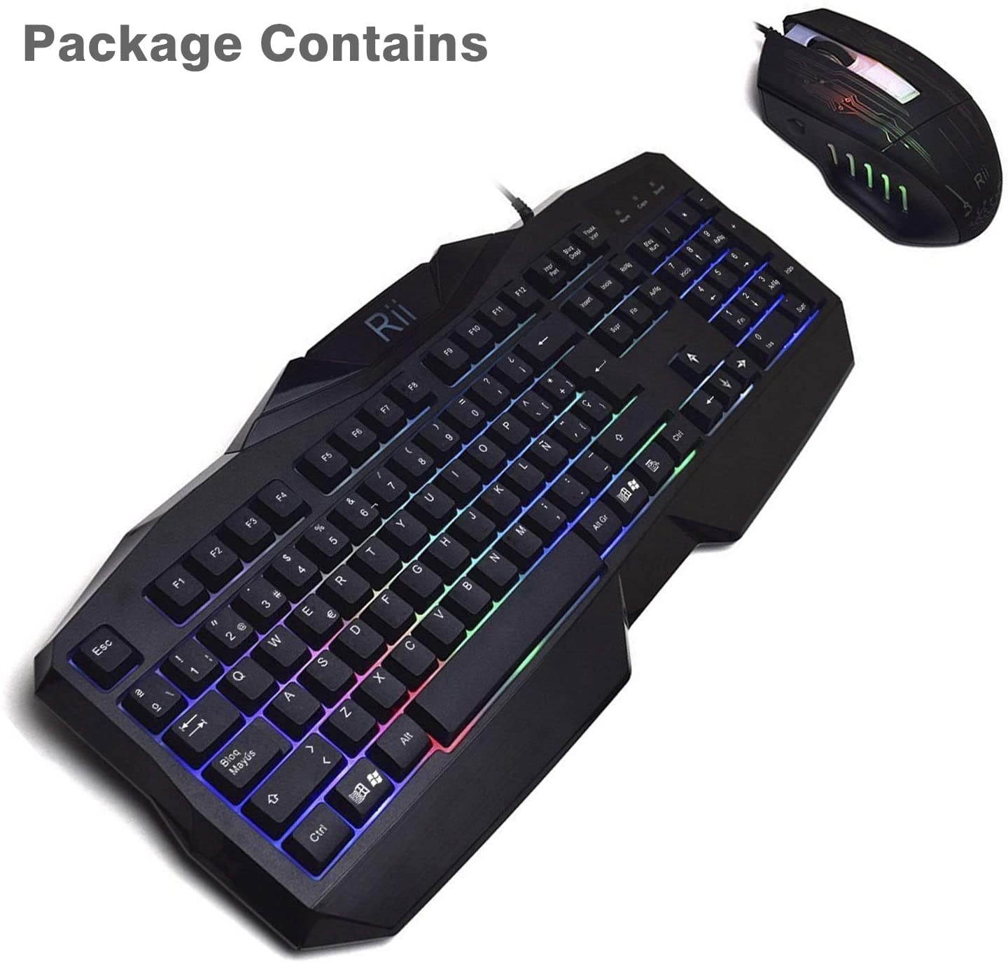 Rii Gaming Keyboard and Mouse Combo,LED Rainbow Backlit USB Wired Computer Keyboard 104 Key,Spill-Resistant Design,Ergonomic Wrist Rest Keyboard Mouse Set for Windows PC Gamer. Black