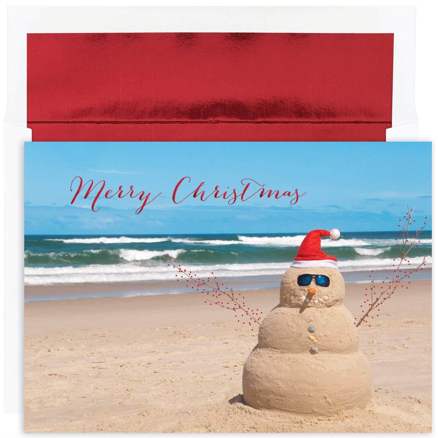 Masterpiece Studios Warmest Wishes Holiday 18 Cards / 18 Foil Lined Envelopes, Beach Snowman