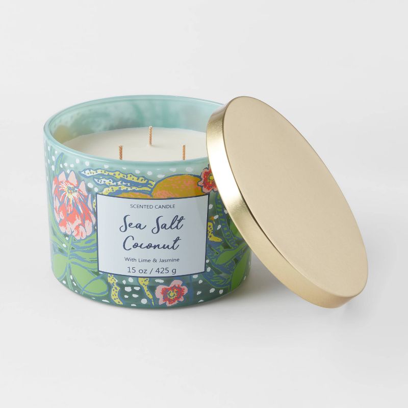 15oz Lidded Glass Jar Front Label Floral and Coconut Print 3-Wick Sea Salt Coconut Candle - Opalhouse™