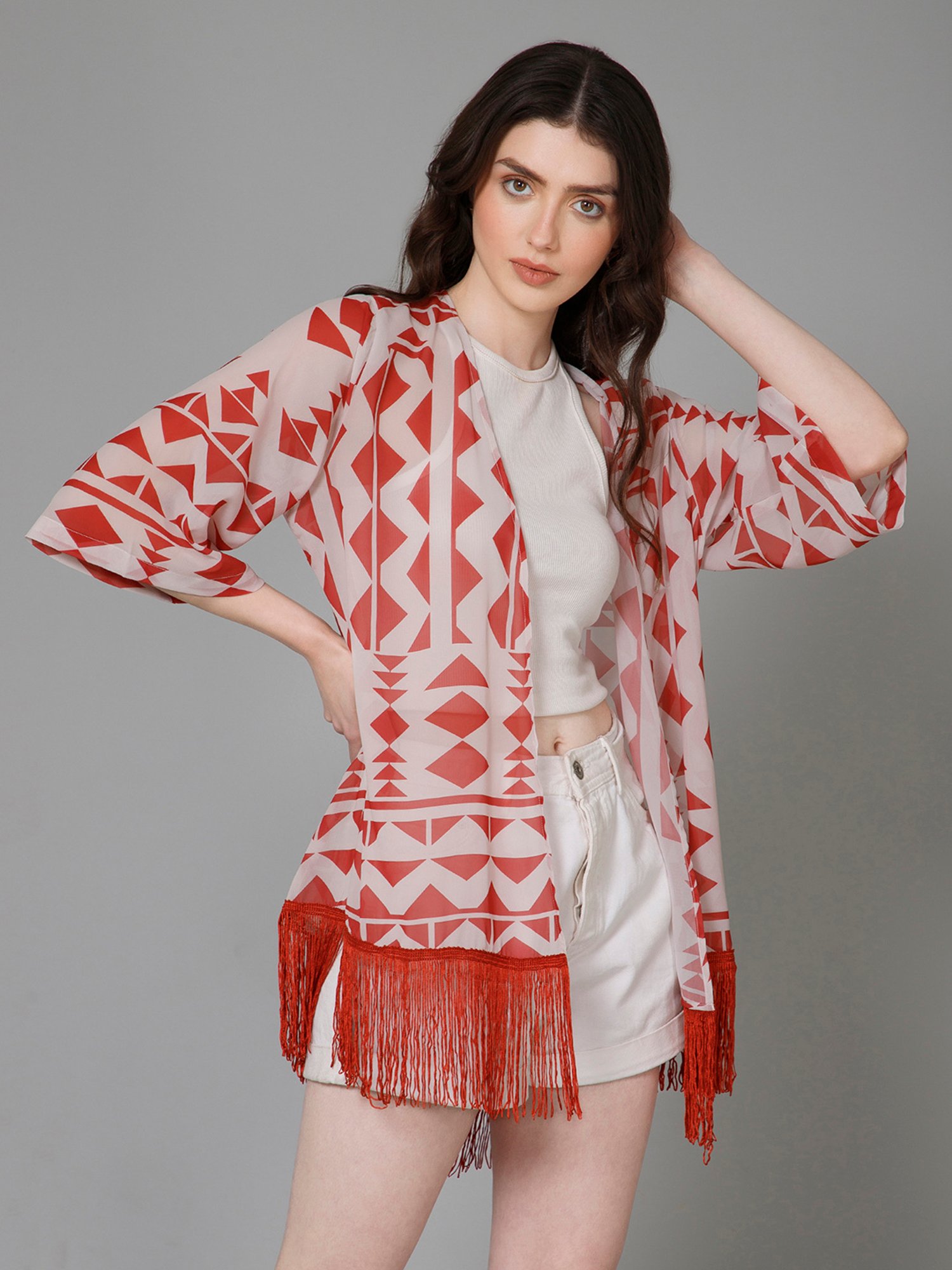 PURYS White & Red Printed Kimono