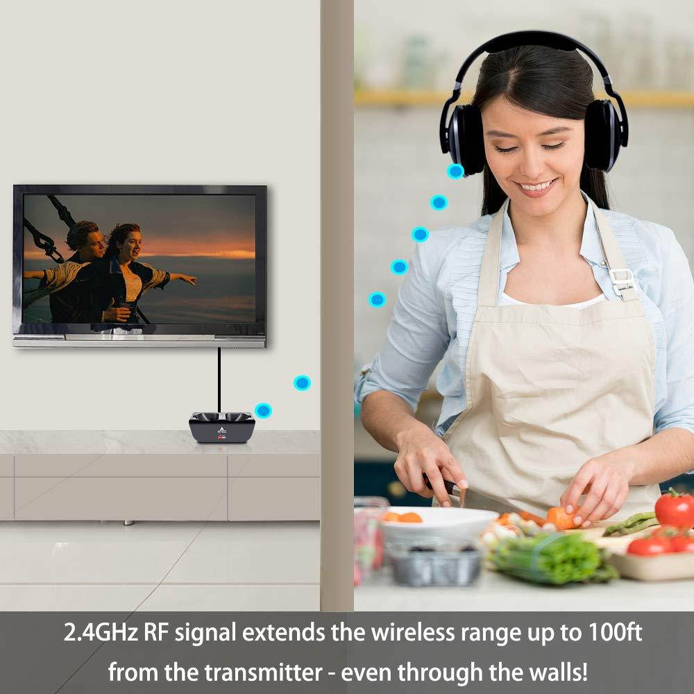 Wireless TV Headphones Over Ear, Monodeal Digital Stereo Headsets with Charging Dock, 2.4GHz RF Transmitter, NO Latency 20H Playtime, for TV PC Mobile MP3 - Black