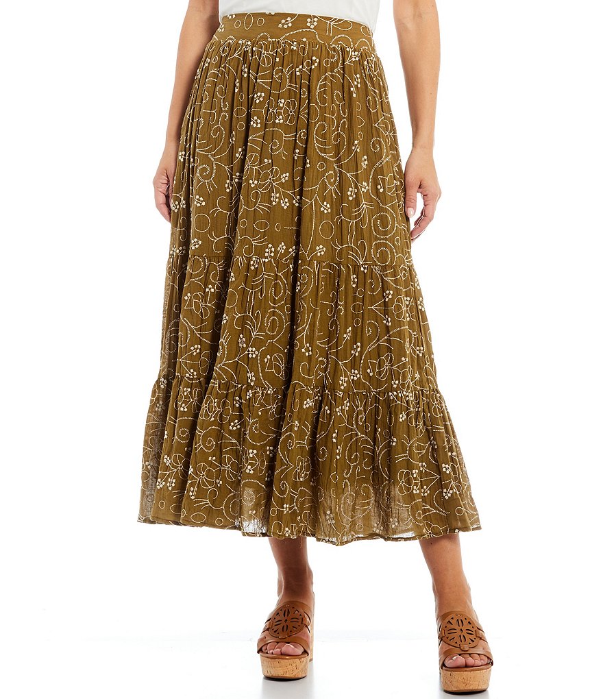 Reba Floral Embroidered Tiered Crinkle A-Line Pull-On Skirt