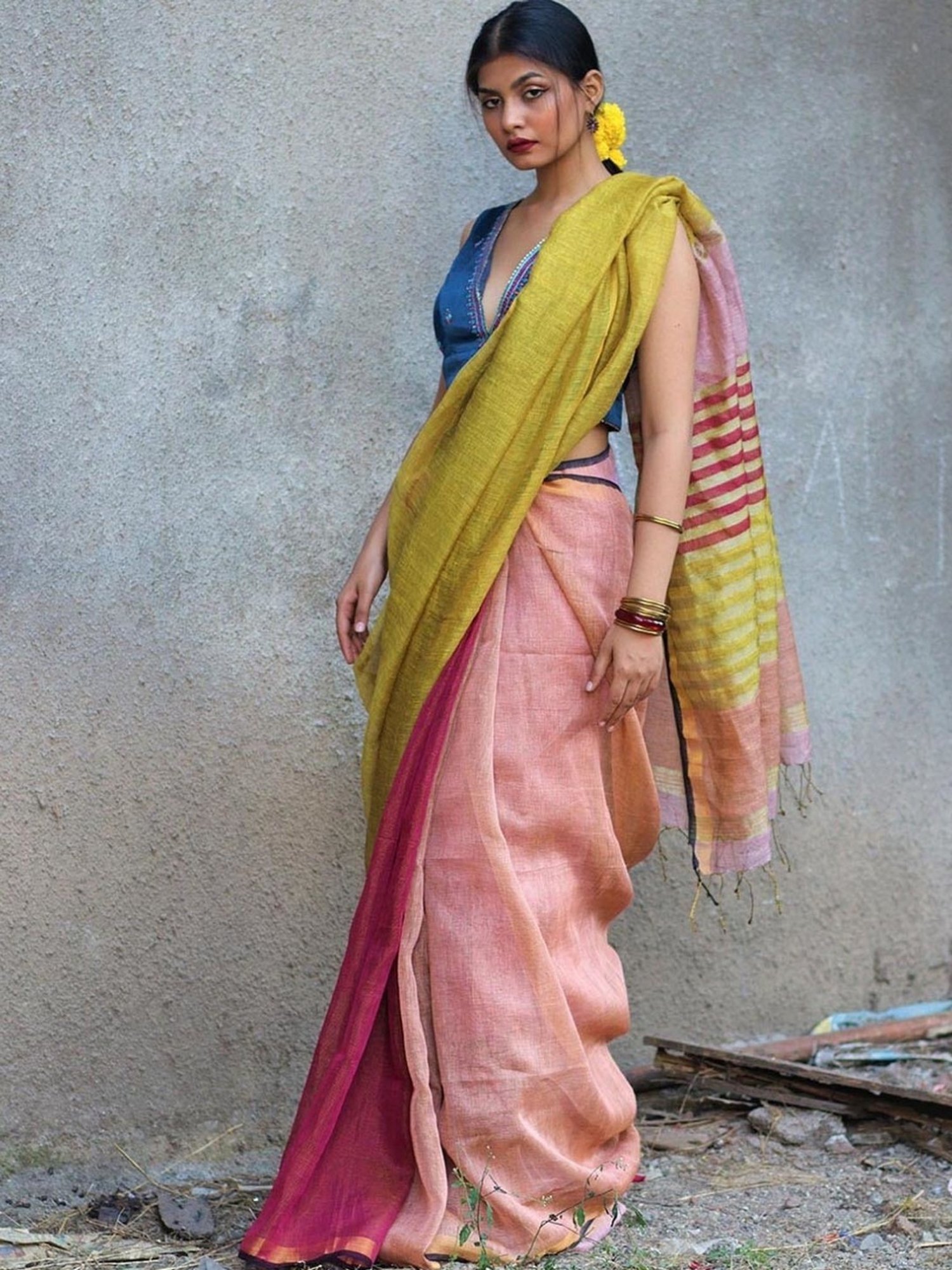 Chidiyaa Aashnaa Yellow Pink Lilac Handwoven Linen Zari Saree Gazala