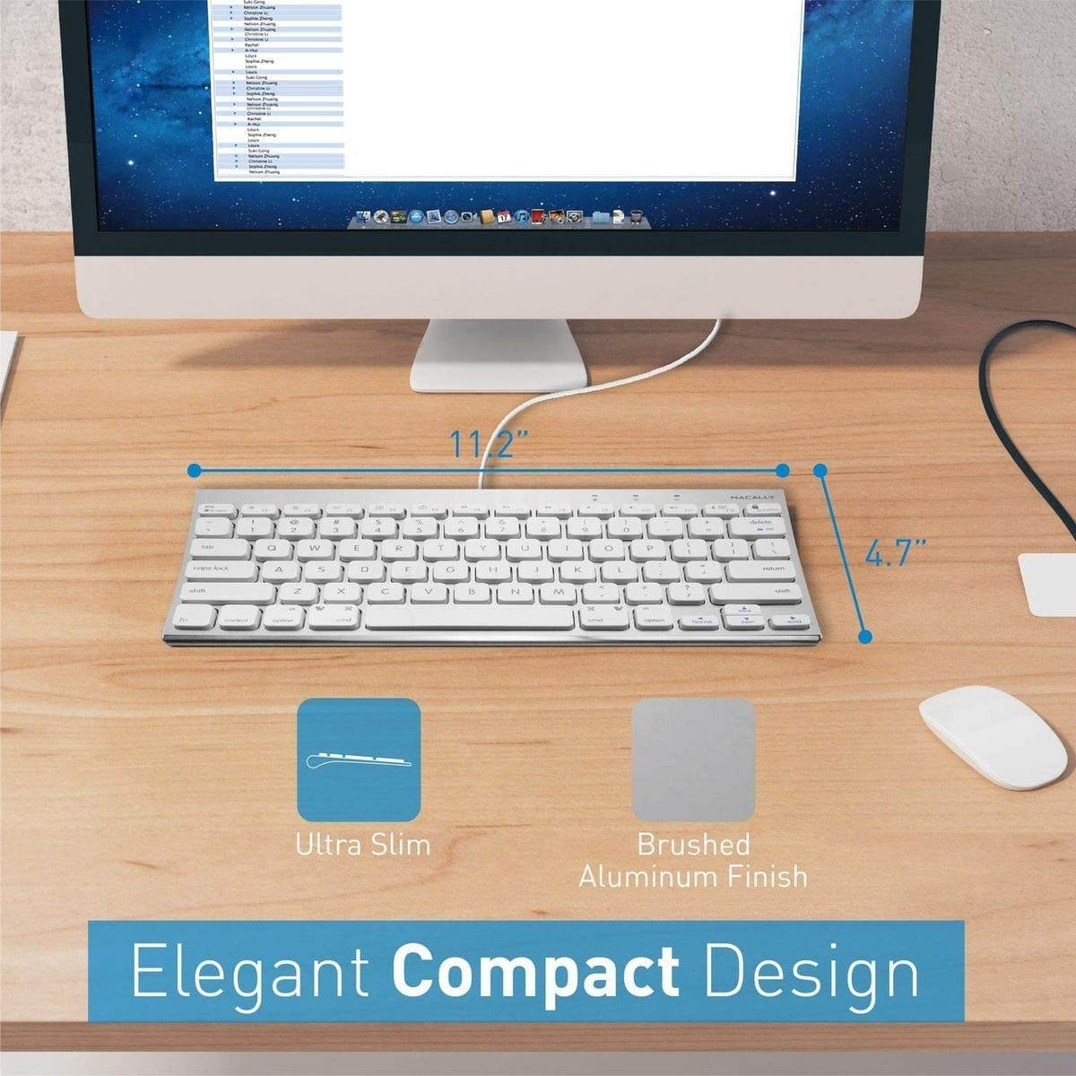 Macally USB Wired Keyboard for Mac and PC - Space Saving Compatible Apple Keyboard with Elegant Small Aluminum Design with 78 Keys, 13 Shortcuts, and LED Indicators - Travel Friendly Portable Keyboard