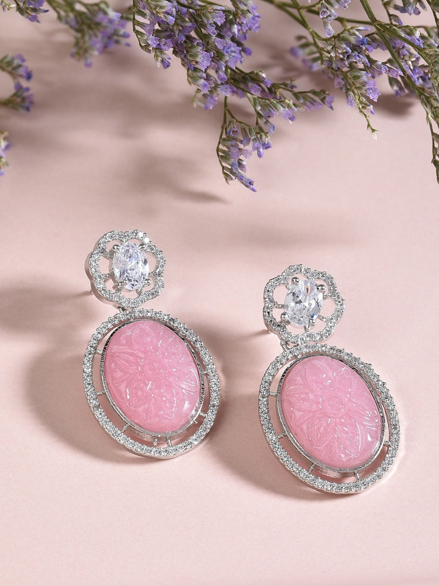 Zaveri Pearls Pink Stone Cubic Zirconia Embellished Brass Contemporary Drop Earring-ZPFK15824