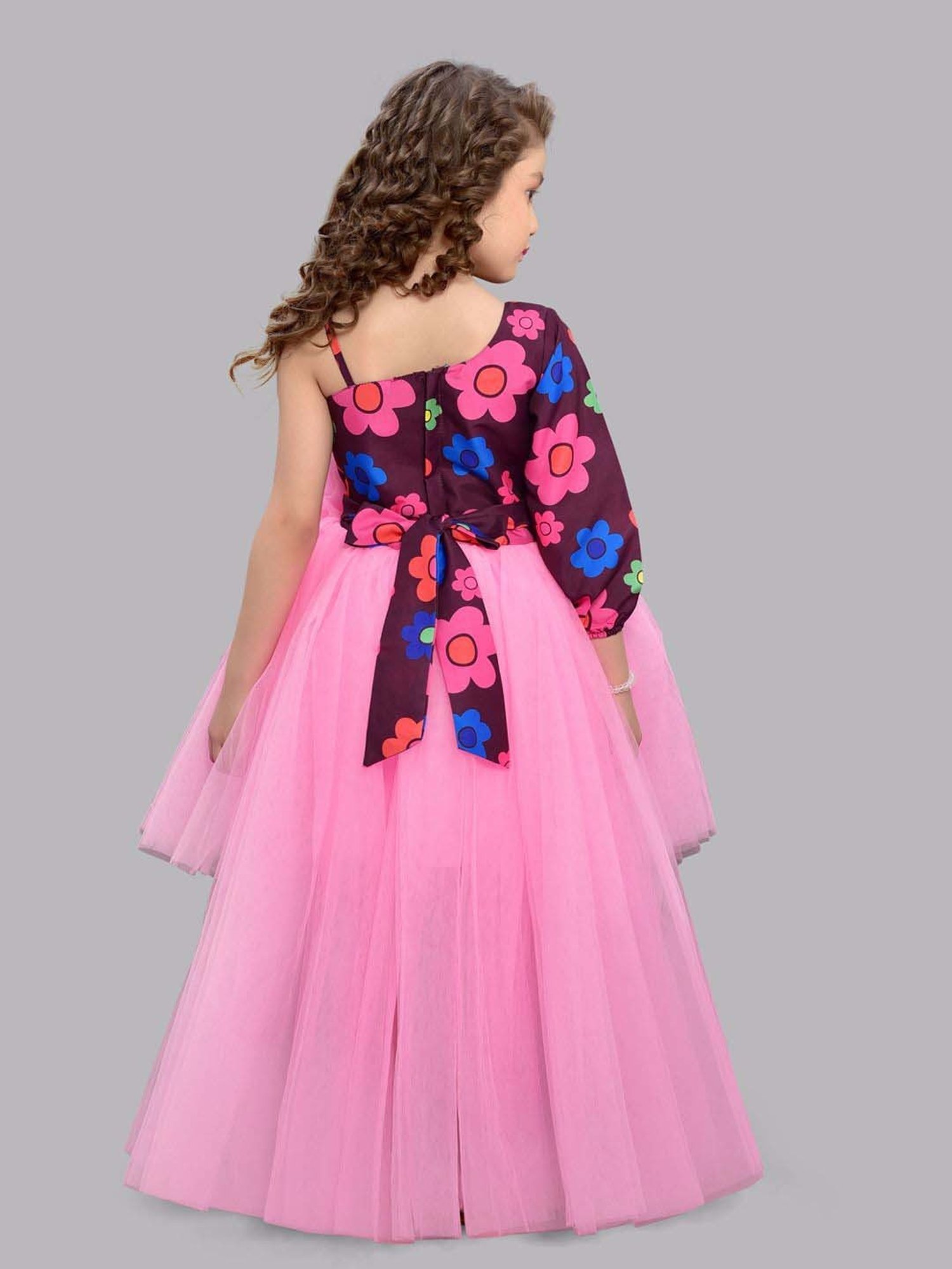 Pink Chick Kids Maroon & Pink Floral Party Gowns