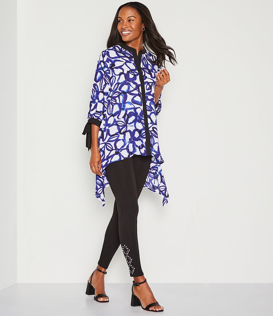 Slim Factor By Investments Tie Dye Floral Print Georgette Tie-Cuffs 3/4 Sleeve Hi-Low Button Down Tunic