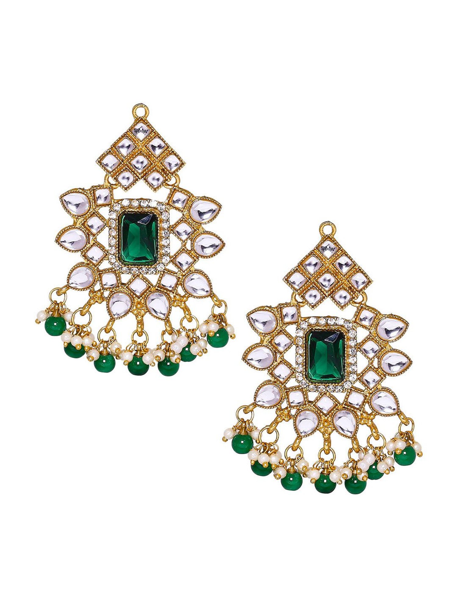 OOMPH Green Stone & Kundan Heavy Pearl Choker Necklace Set with Drop Earrings & Maangtikka