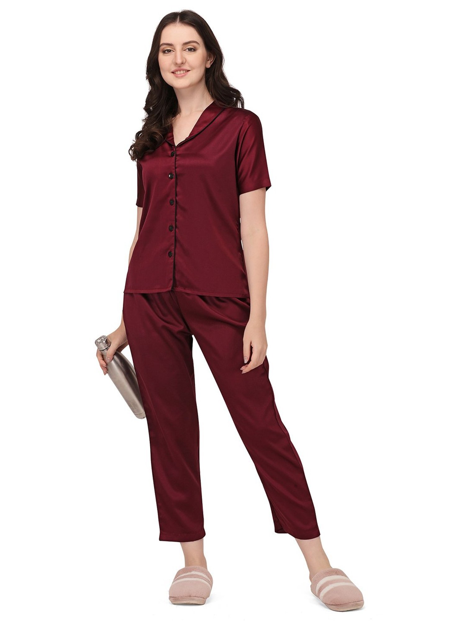 Smarty Pants Wine Satin  Shirt With Pyjamas