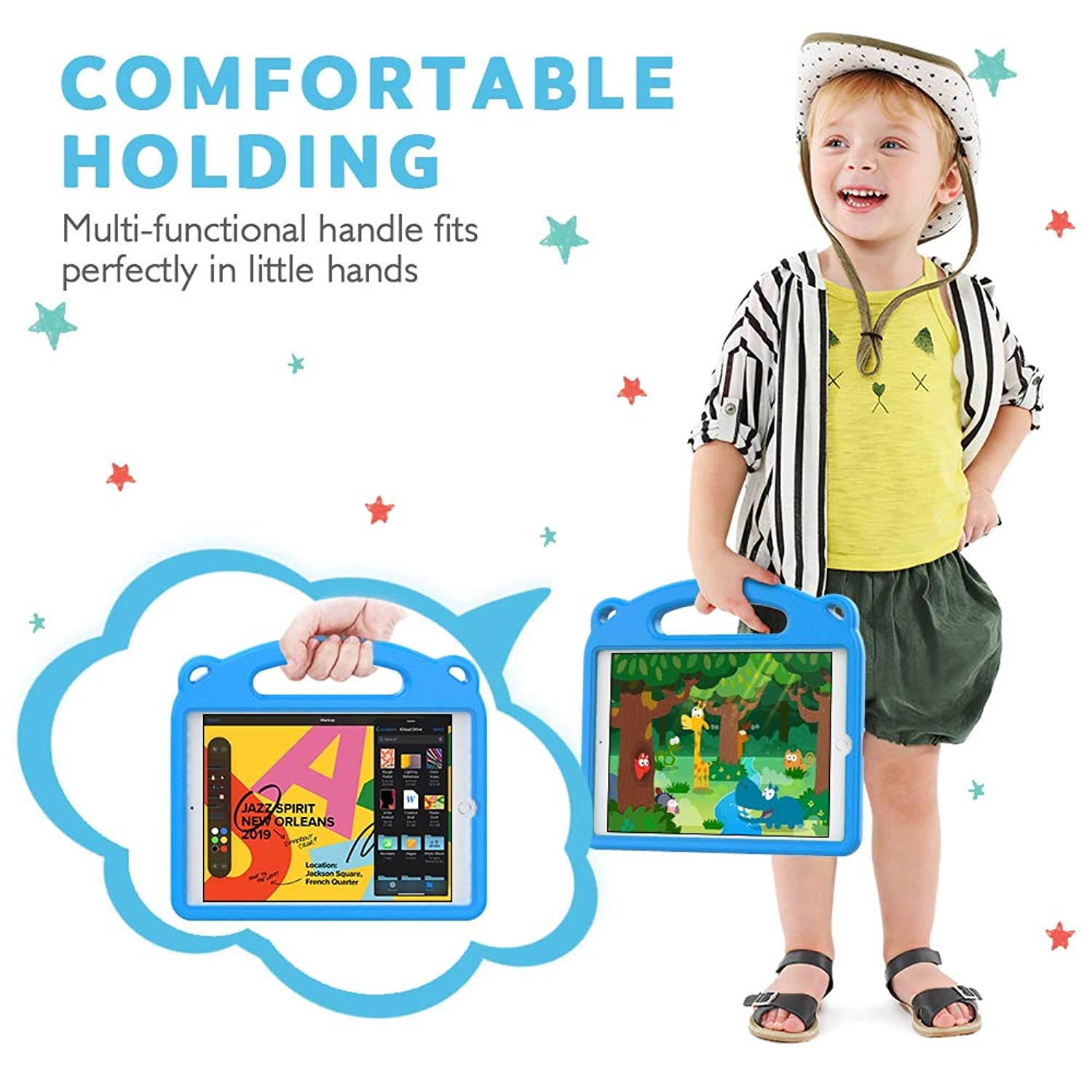 MoKo Case Fit iPad 7th Generation 10.2" 2019/iPad 10.2 Case/iPad Air (3rd Generation) 10.5" 2019/iPad Pro 10.5 2017, Kids Friendly EVA Foam Shock Proof Handle Protective Stand Cover Case - Blue