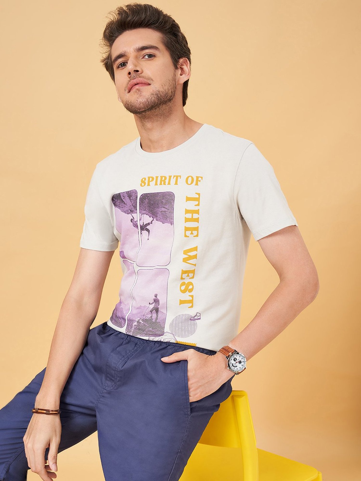 Urban Ranger by Pantaloons Off White Slim Fit Printed Crew T-Shirt