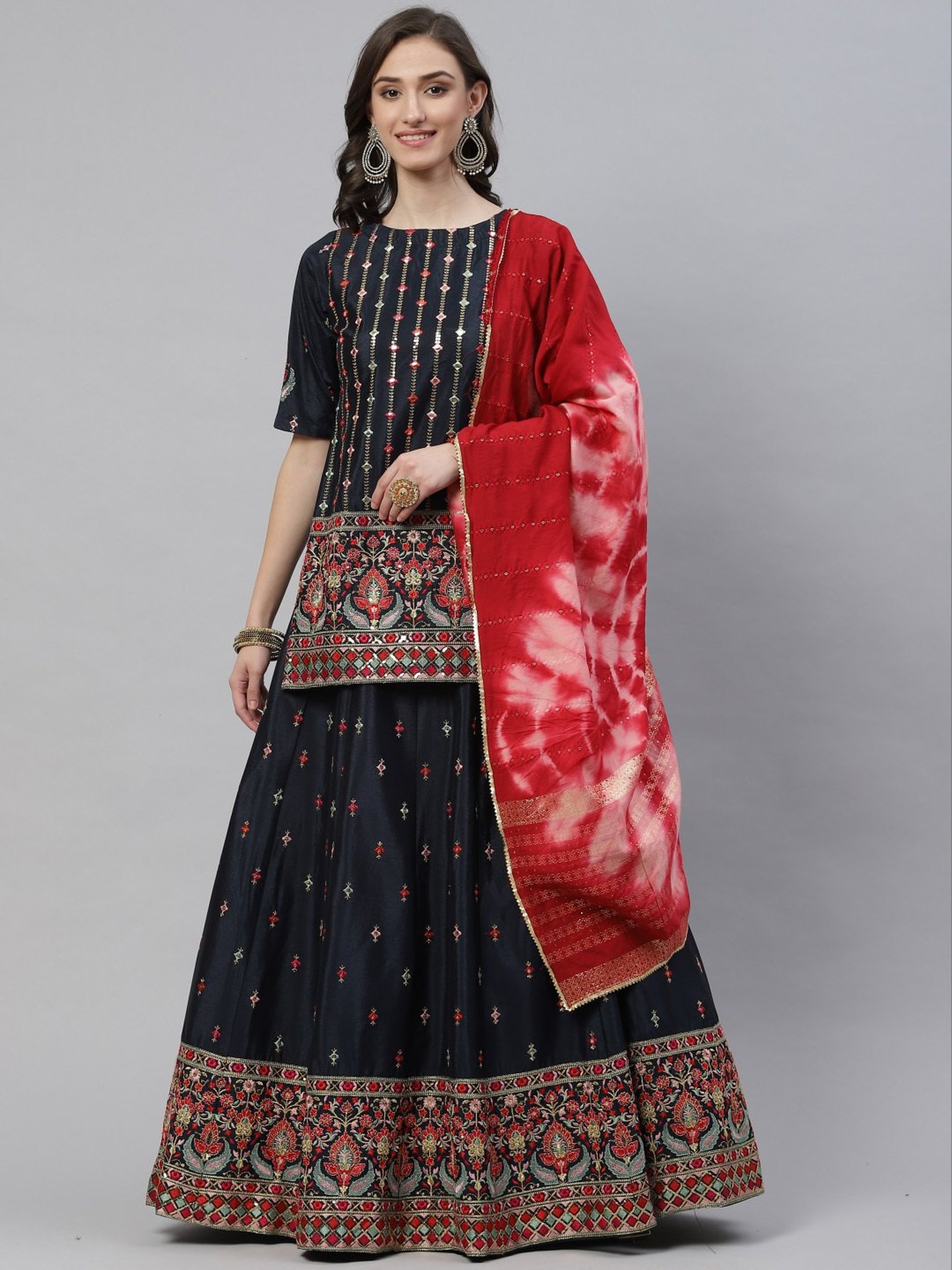 SHUBHKALA Navy & Red Embroidered Lehenga and Choli Set With Dupatta