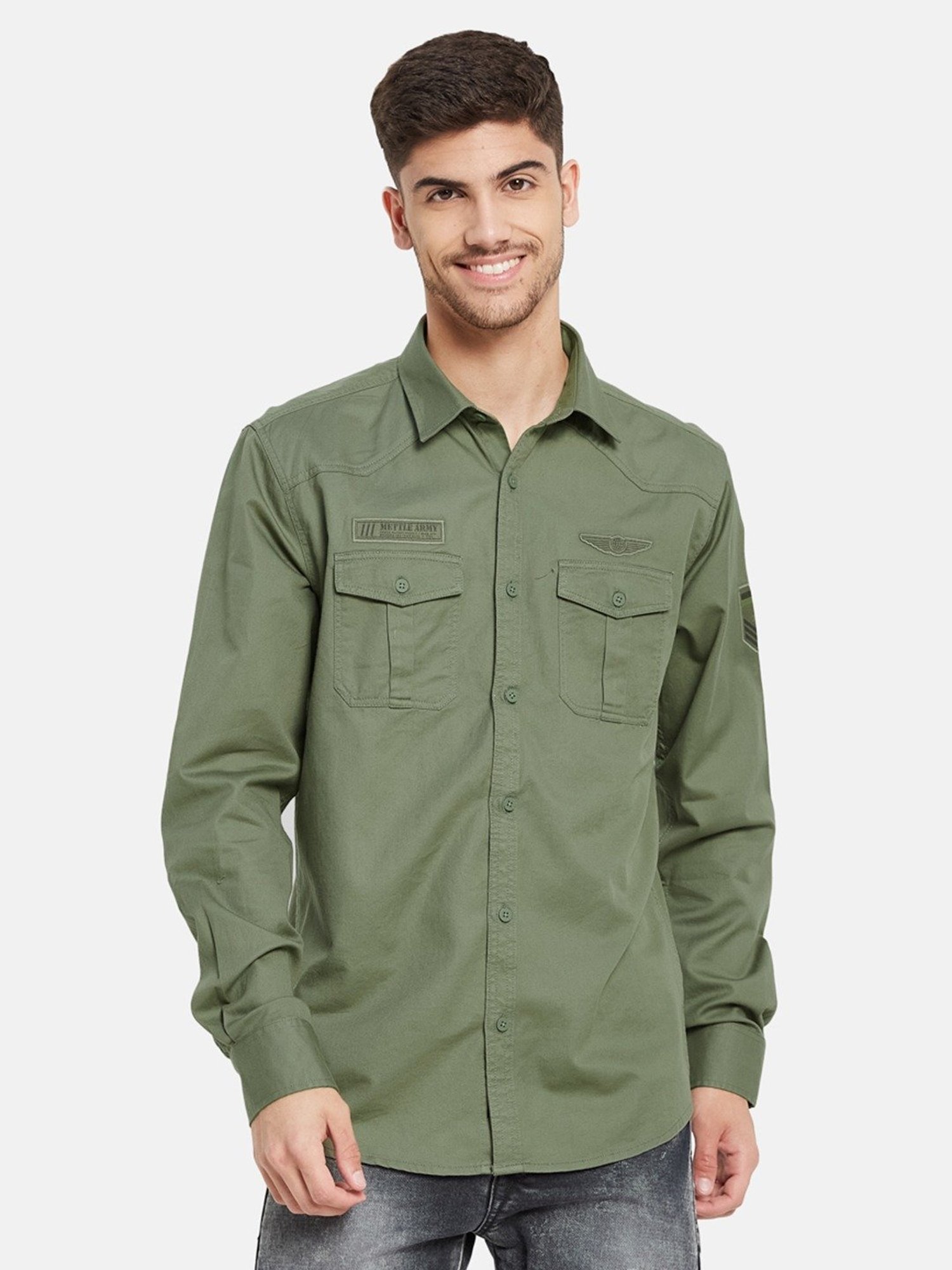 METTLE Olive Cotton Regular Fit Shirt