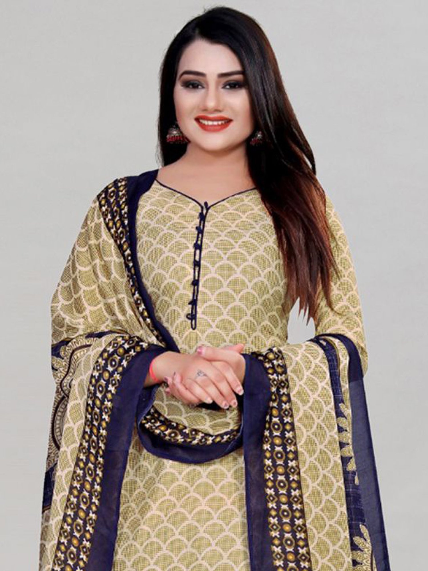 Satrani Beige & Blue Printed Unstitched Poly Cotton Dress Material