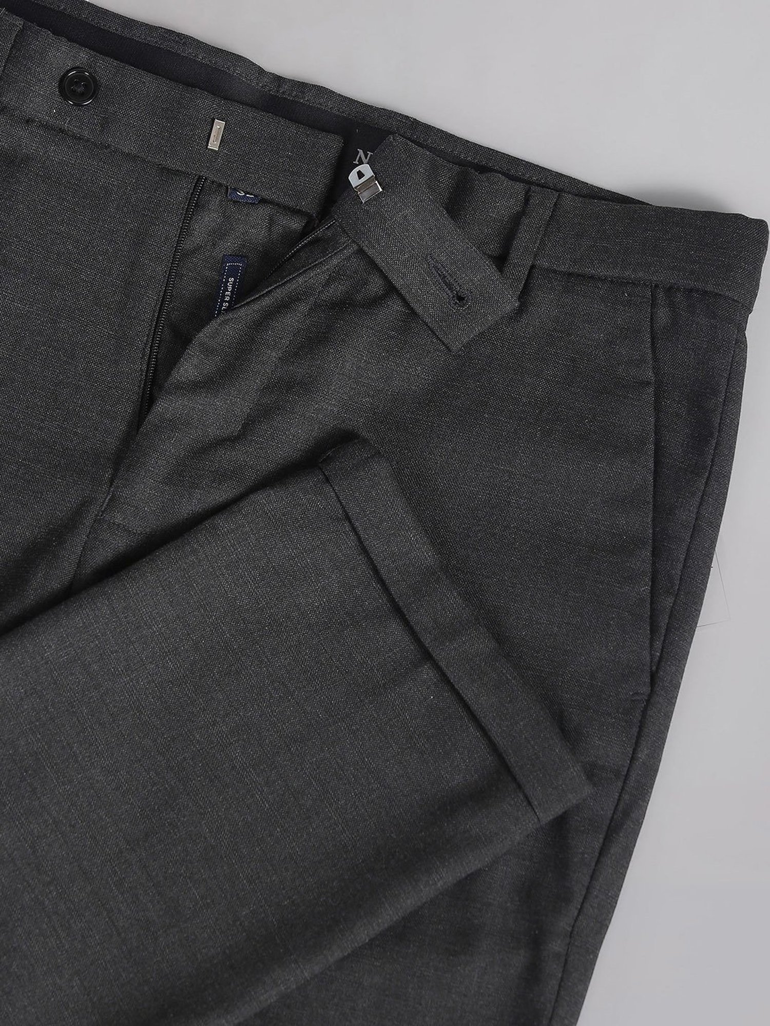 AD by Arvind Dark Grey Slim Fit Check Flat Front Trousers