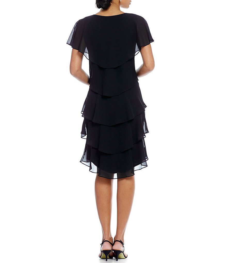 Kay Unger Long Bishop Sleeve V-Neck Crepe A-Line Dress