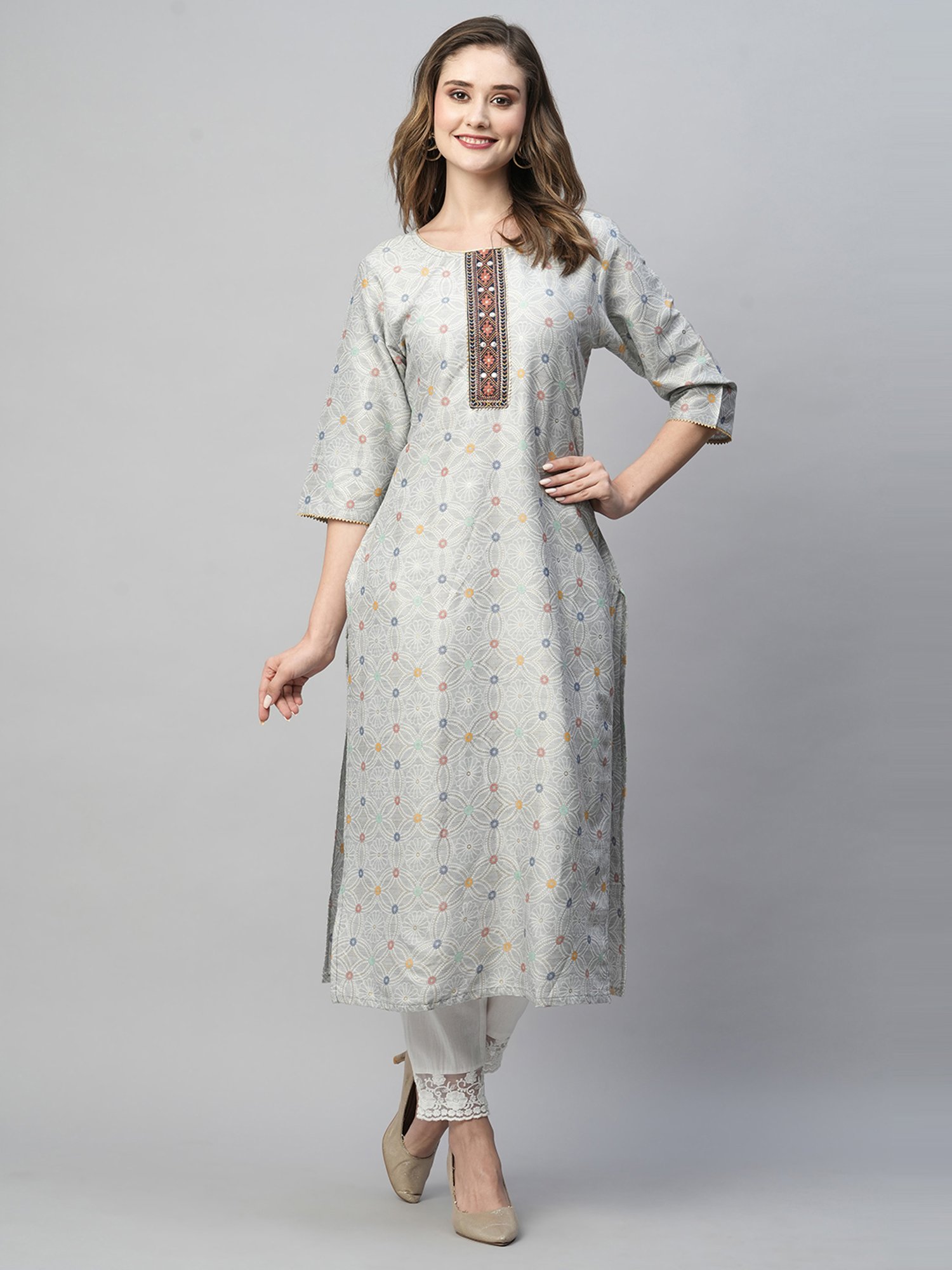 KIANA Grey Printed Straight Kurta