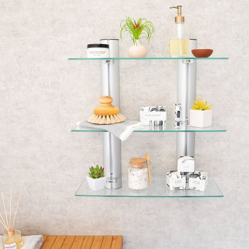 3 Tier Wall Mount Adjustable Glass Shelving Unit with Aluminum Bars - Danya B.