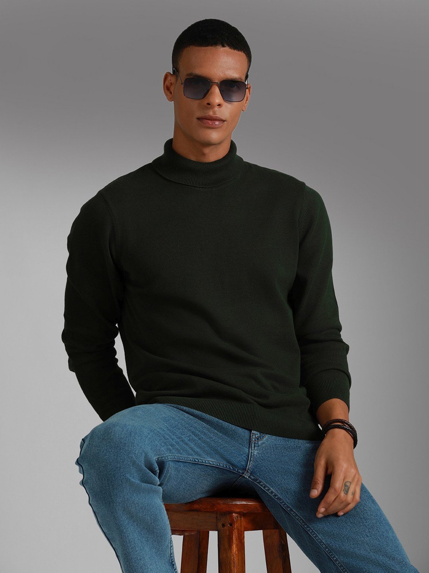 High Star Green Cotton Regular Fit Sweater