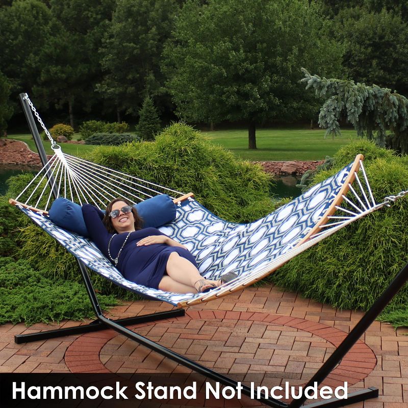 Sunnydaze Heavy-Duty Quilted 2-Person Hammock with Curved Bamboo Spreader Bars - 450 lb Weight Capacity - Navy and Gray Tiled Octagon