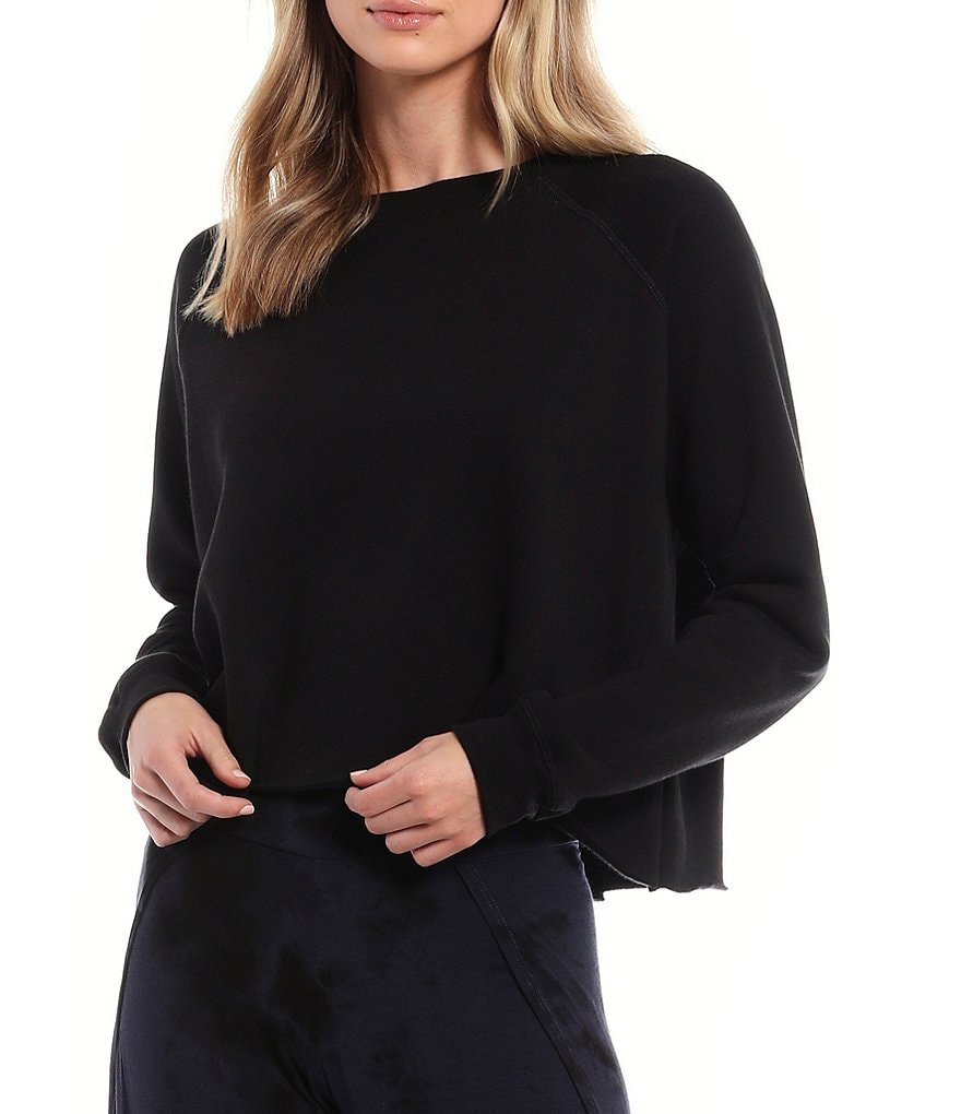JALA Solid French Terry Cropped Crew Neck Long Sleeve Lounge Top