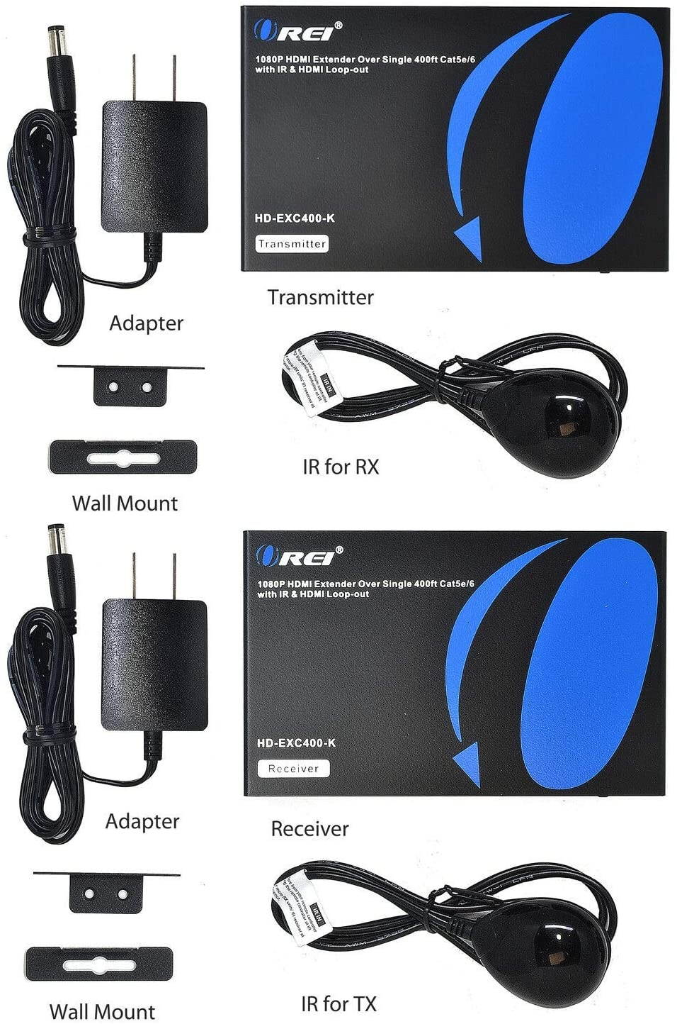 OREI HDMI Extender Over Single CAT5e/CAT6 Cable One to Many 1080p RS-232 with IR Remote - Up to 400 Ft - ProLNK Tecnhology - Power Over Cable