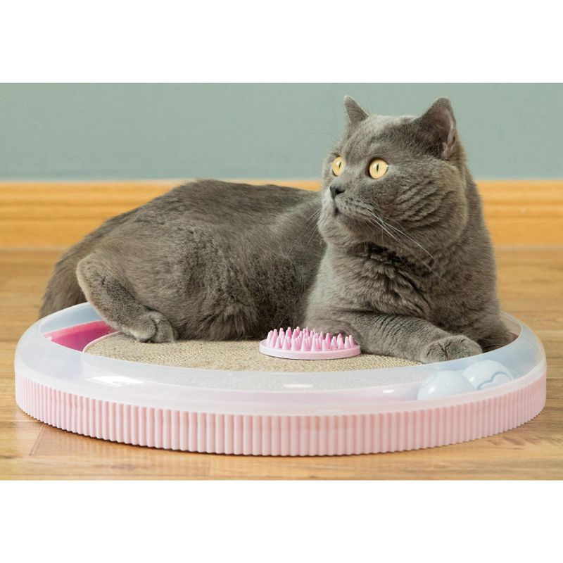 PawsMark Pink 4 in 1 Interactive Round Cat Scratcher, Lounge, Toy and Brush