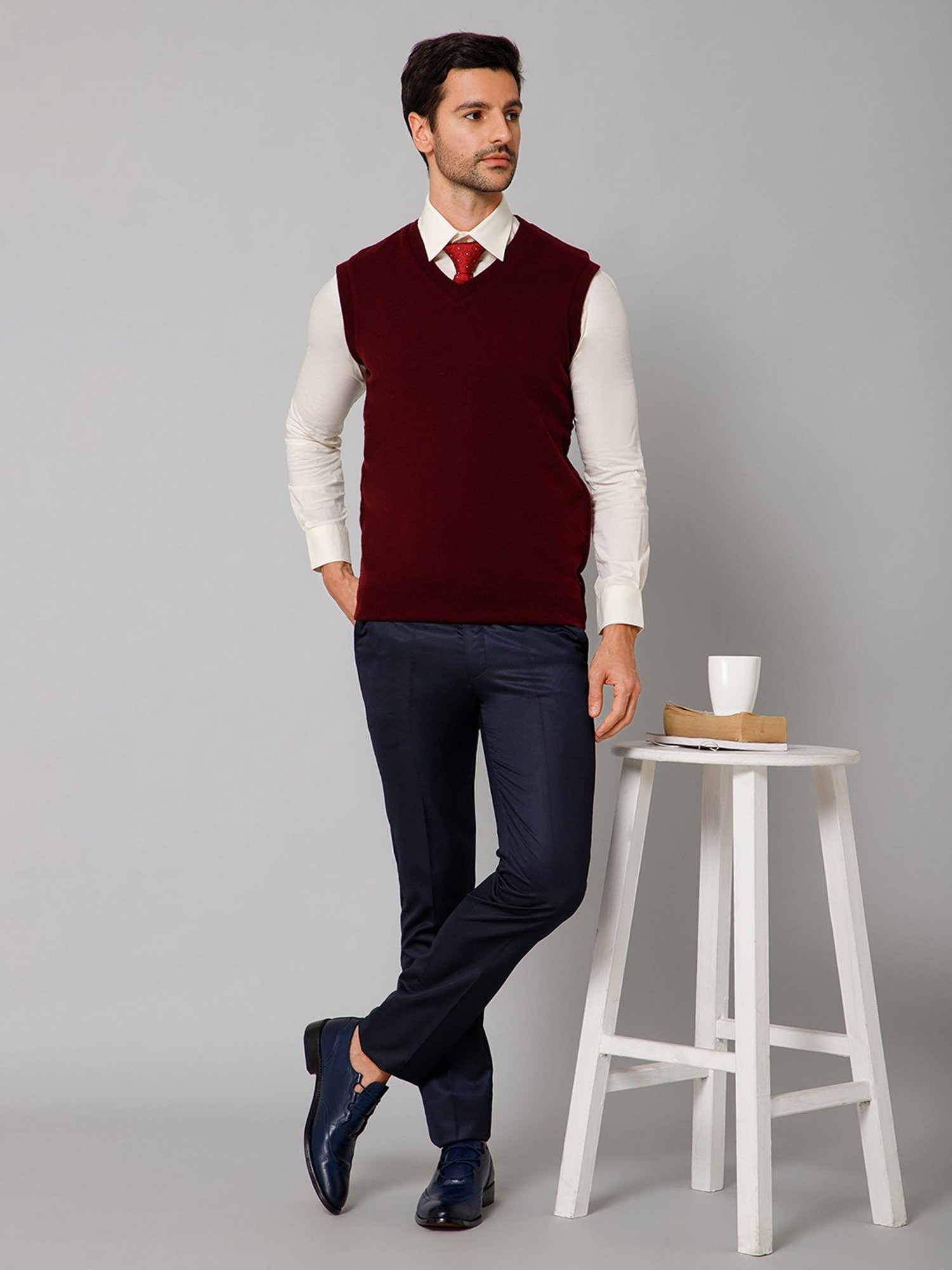 Cantabil Maroon & Beige Regular Fit Reversible Sweater