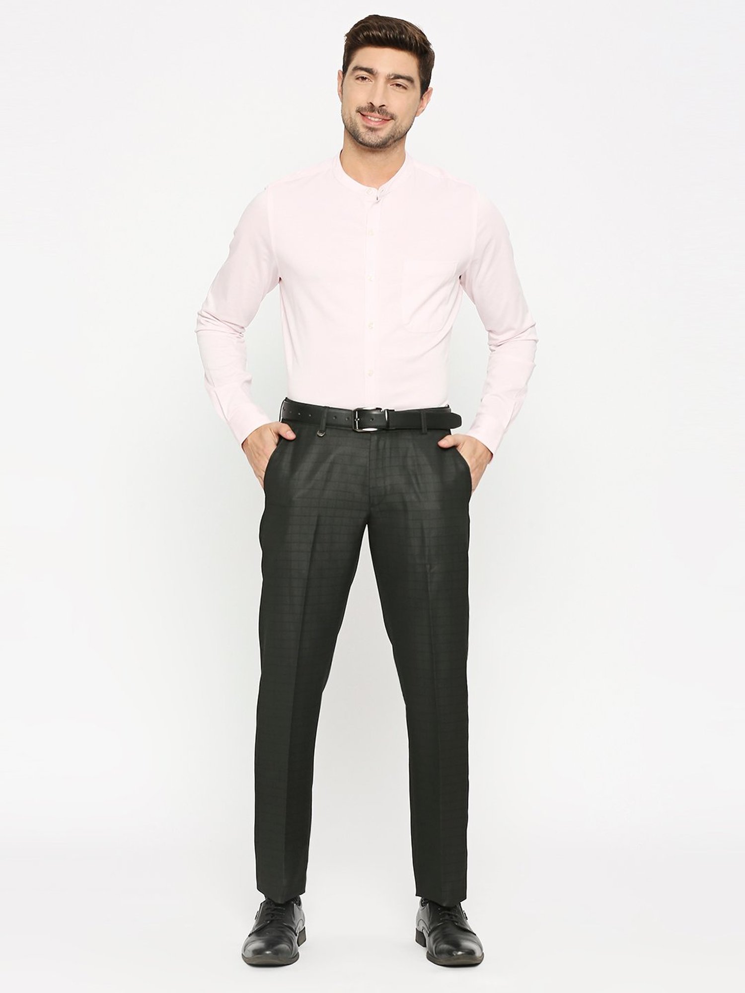 SOLEMIO Black Slim Fit Check Flat Front Trousers