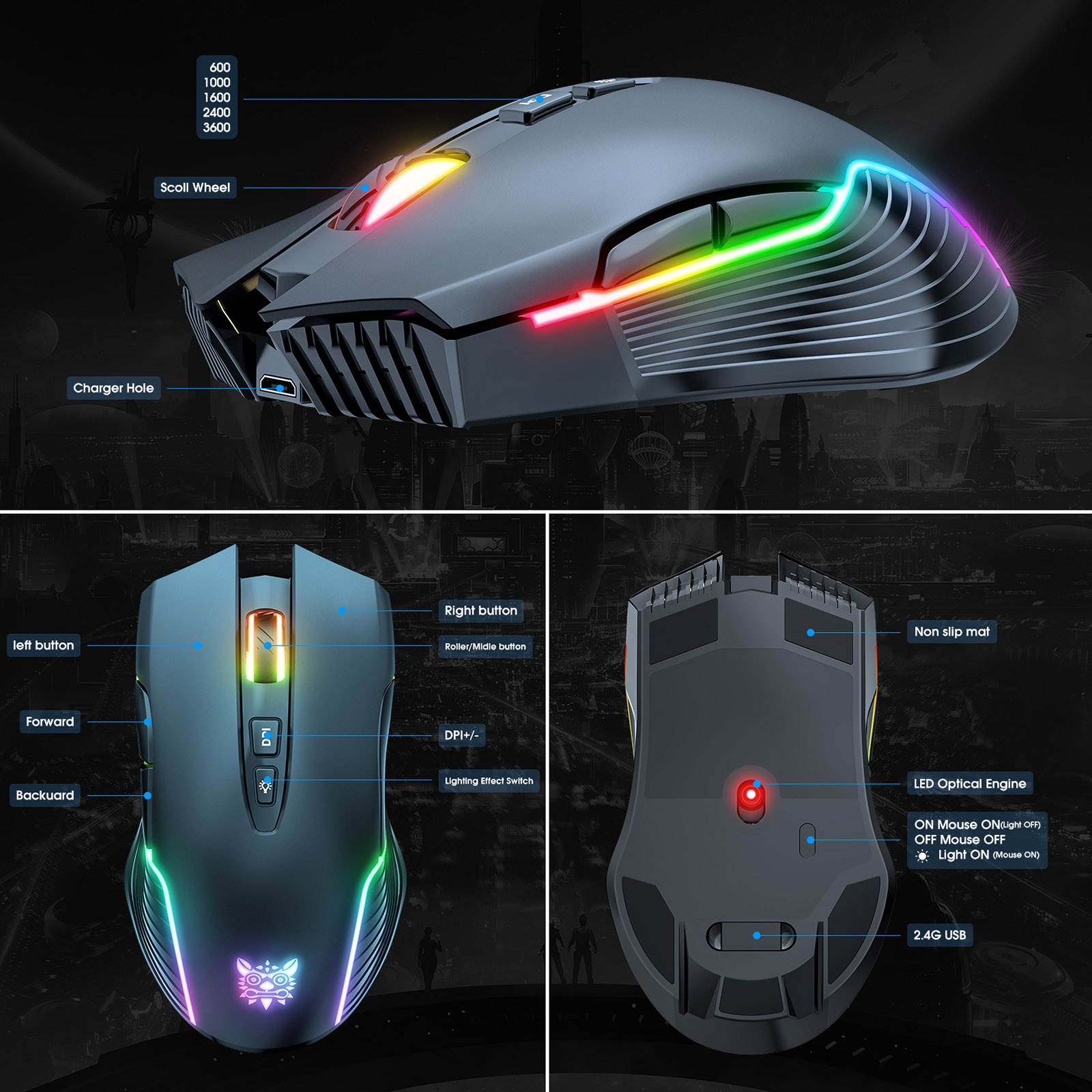 ONIKUMA CW905 2.4G Wireless Gaming Mouse RGB Backlit E-sports Mouse Optical Computer Mice 5 Adjustable DPI with 7 Programmable Buttons for Laptop Desktop PC Computer