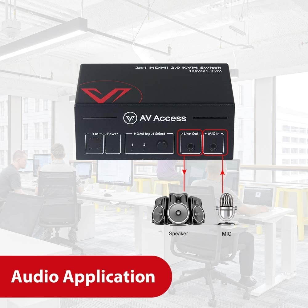 AV Access 2 in 1 Out UHD 4K@60hz 1080P@120Hz KVM Switch HDMI 2.0 with HDR 10 and 3D 18Gbps Zero Latency for 2 PCs Mic in/Audio Out IR & Button Control USB 2.0 Ports for Mouse Keyboard etc.