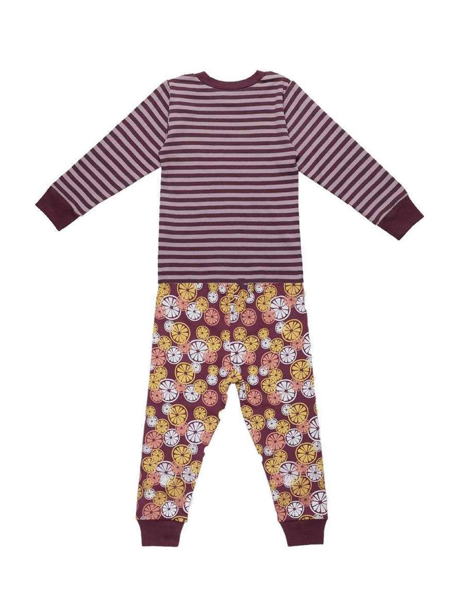Nino Bambino Girls Purple & Yellow Cotton Striped Full Sleeves T-Shirt Set