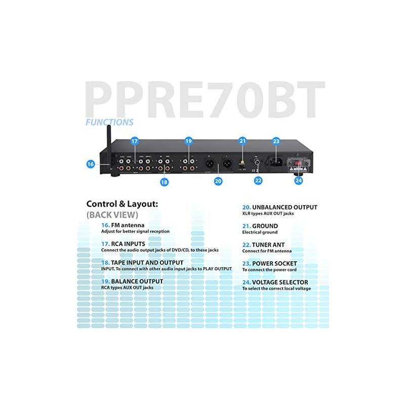 Rack Mount Studio PreAmplifier Audio Receiver System wDigital LCD Display Bluetooth FM Radio Recording Mode Remote Control USB Flash or SD Card Reader Input and Output Jack PPRE70BT