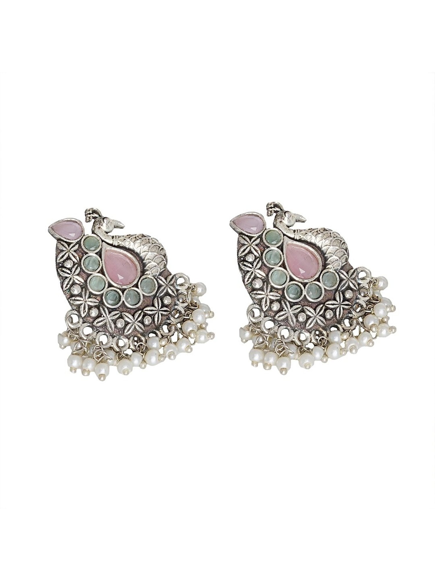Teejh Ethnic Nirali Pink & White Silver Oxidized Stud Earrings