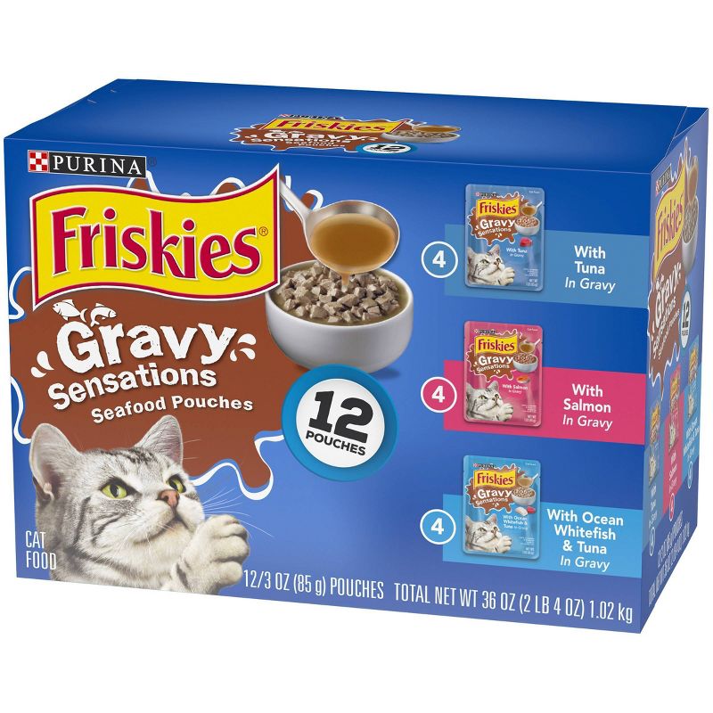 Purina Friskies Gravy Sensations Wet Cat Food Seafood Pouches with Tuna, Salmon & Whitefish - 3oz/12ct Variety Pack