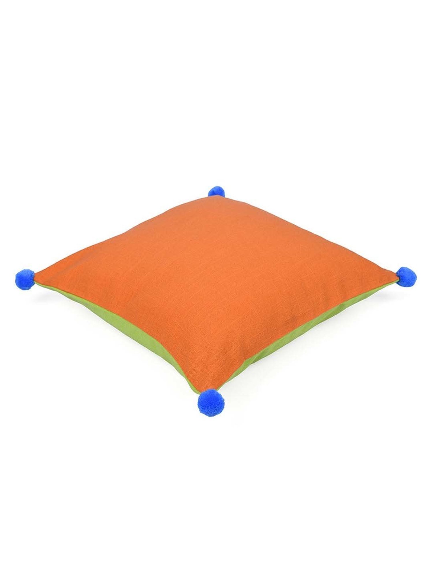 @home Orange & Green Cotton Two Sided Pom Pom Cushion Cover With Zipper