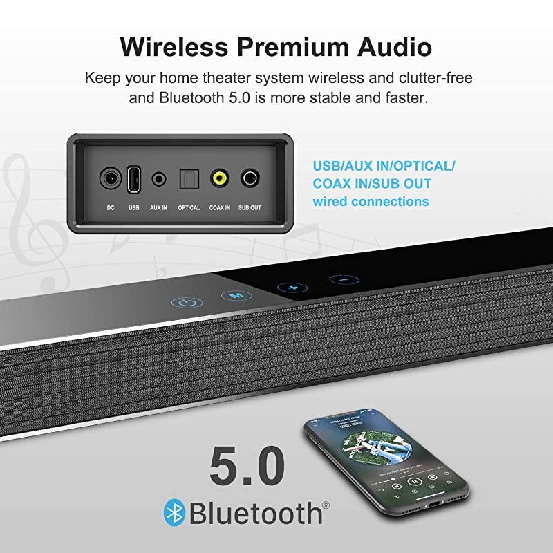 Sound Bar  TV Sound Bar with Wired Subwoofer 120W 21 Soundbar Wired Wireless Bluetooth 50 Speaker for TV 25 Inch OpticalAuxCoaxial Bass Adjustable Surround Sound for Home Theater