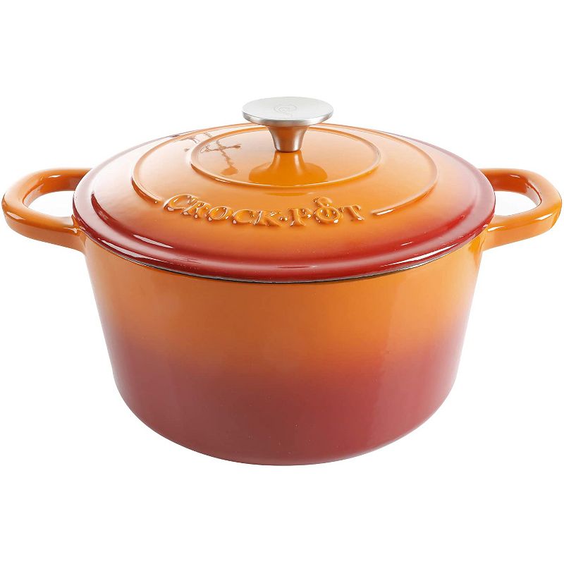 Crock-Pot 5 Quart Capacity Round Enamel Cast Iron Covered Dutch Oven Kitchen Cookware with Matching Self Basting Lid, Sunset Orange