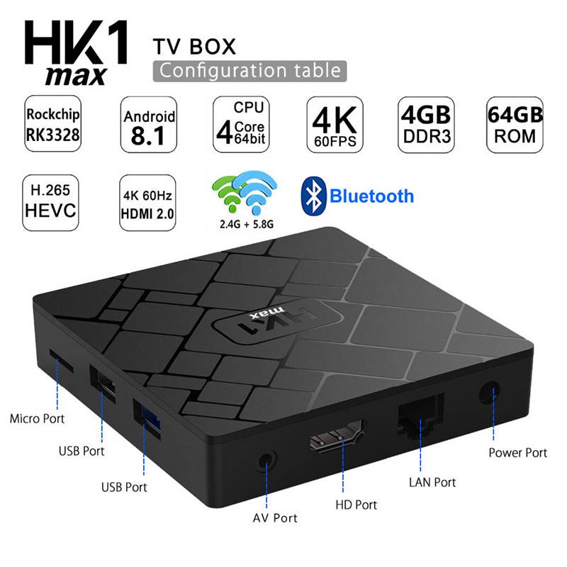 Android 8.1 TV Box, Android Box 4 GB RAM 64 GB ROM, Livebox HK1 MAX RK3328 Quad Core 64 Bit Smart TV Box, Wi-Fi-Dual 5G/2.4G, BT 4.1, Box TV UHD 4K TV, USB 3.0