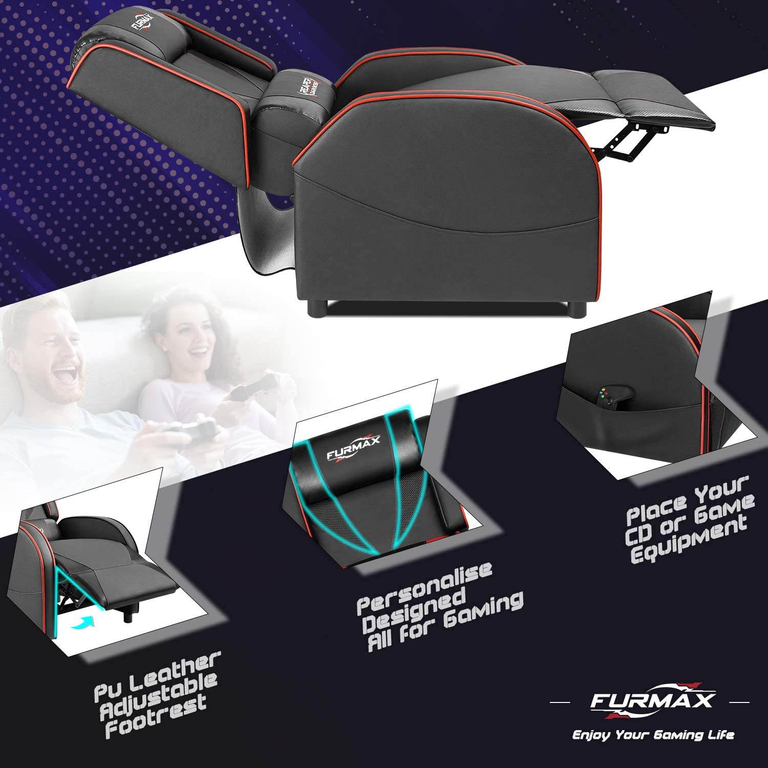 Furmax Gaming Recliner Chair Racing Style Single Ergonomic Lounge Sofa PU Leather Reclining Home Theater Seat for Living Room (Blue)